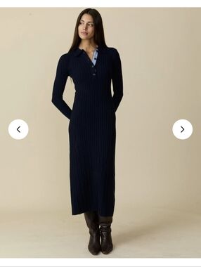 Cable knit Polo Collar Long Sleeve Dress in Navy Blue